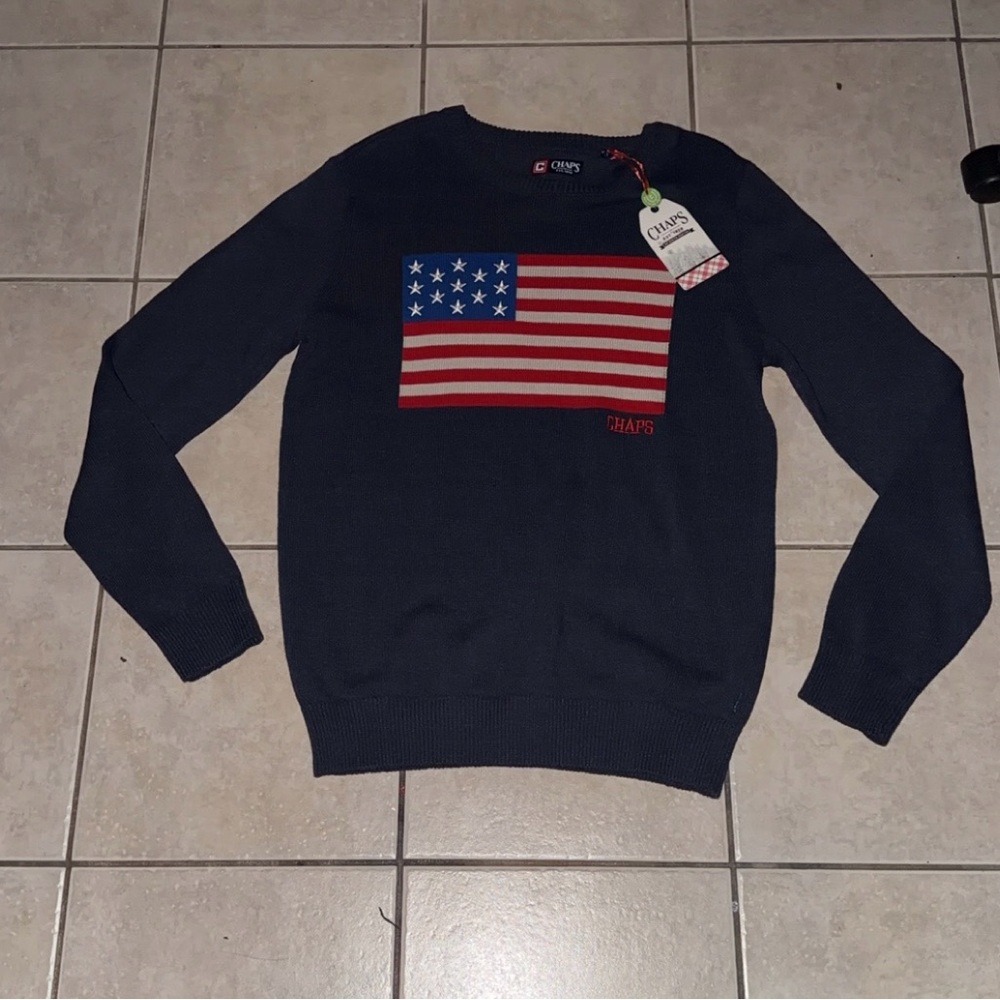 CHAPS AMERICAN FLAG KNIT SWEATER CREWNECK SZ MEDIUM